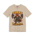 Furry Warrior vulpera fantasy MMO graphic T-shirt, sand shirt front view.