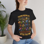 I'm Done Making Alts After This One fantasy MMO graphic T-shirt, black shirt close-up on a woman in a casual room.