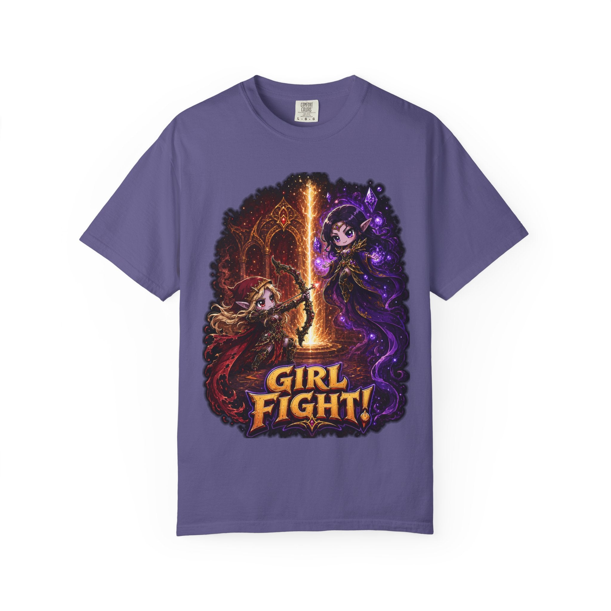 Girl Fight fantasy warrior duel graphic T-shirt, purple shirt front view.