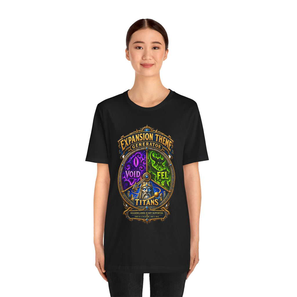Expansion Theme Generator fantasy MMO graphic T-shirt, black shirt front view modeled by a standing person.