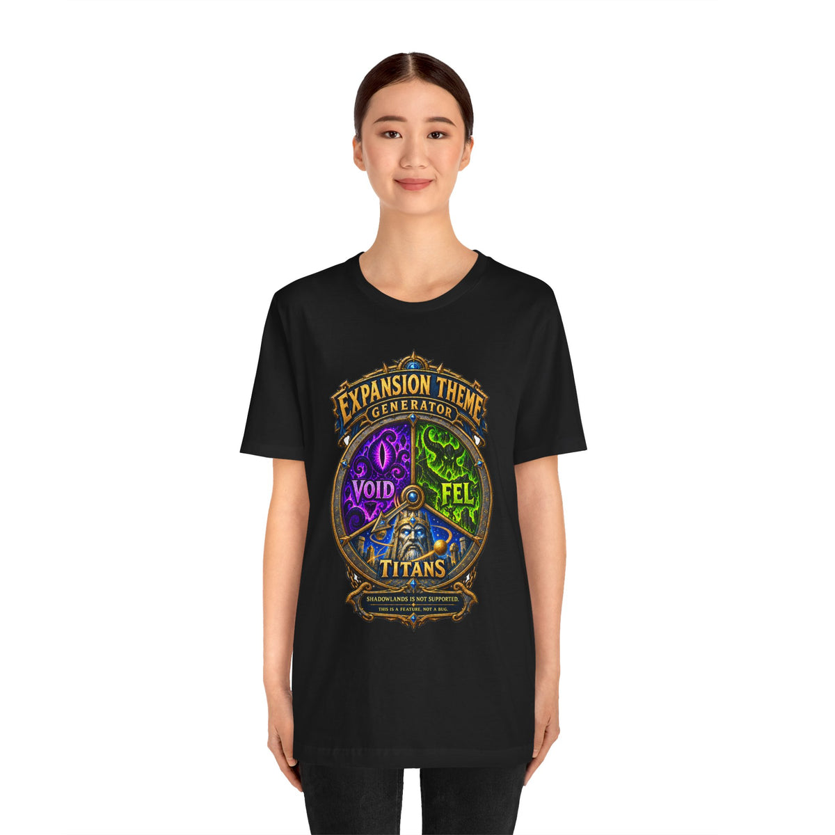 Expansion Theme Generator fantasy MMO graphic T-shirt, black shirt front view modeled by a standing person.