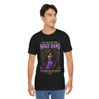 Mage Hand tabletop RPG graphic T-shirt, black shirt front view modeled with the shirt untucked.