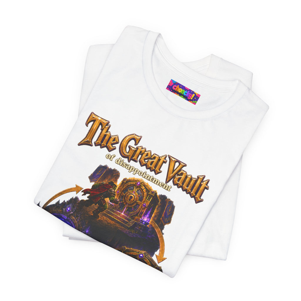 Great Vault Reset Regret Repeat fantasy MMO graphic T-shirt, white shirt folded to show the print.