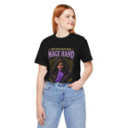 Mage Hand tabletop RPG graphic T-shirt, black shirt front view modeled in a casual stance.