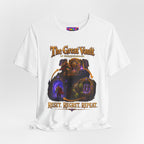 Great Vault Reset Regret Repeat fantasy MMO graphic T-shirt, white shirt draped on a light background.