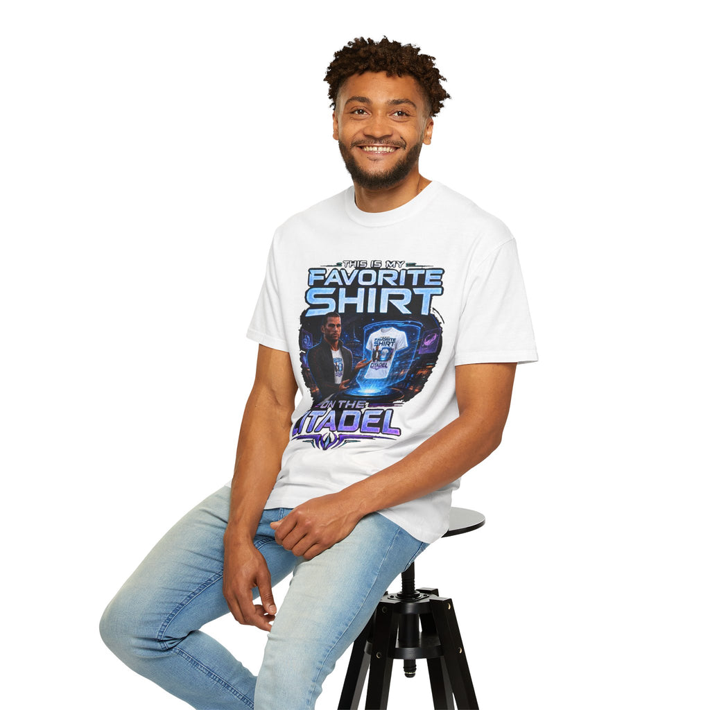 Commander's Favorite Shirt on the Citadel sci-fi graphic T-shirt, white shirt front view modeled with the shirt tucked into jeans.