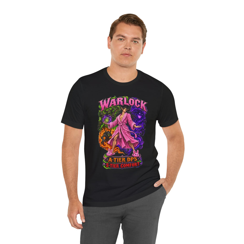 Warlock A-Tier DPS, S-Tier Comfort fantasy gamer T-shirt, black shirt front view modeled with one hand in a pocket.