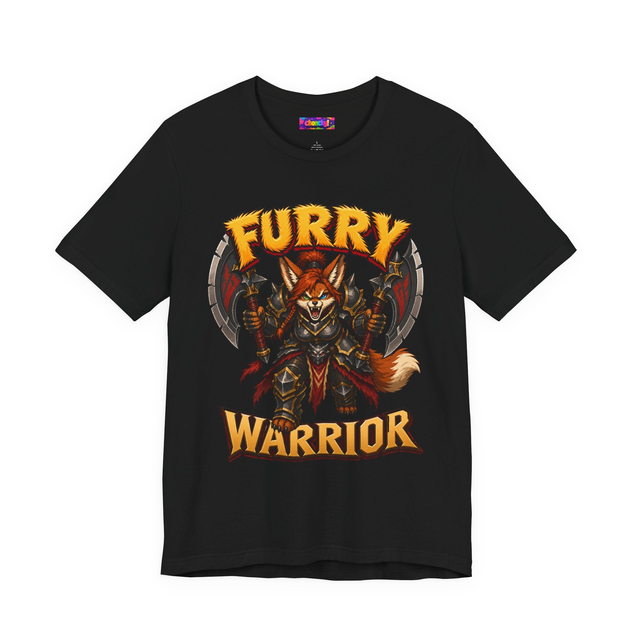 Furry Warrior vulpera fantasy MMO graphic T-shirt, black shirt front view.