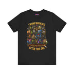 I'm Done Making Alts After This One fantasy MMO graphic T-shirt, black shirt laid flat, front view.