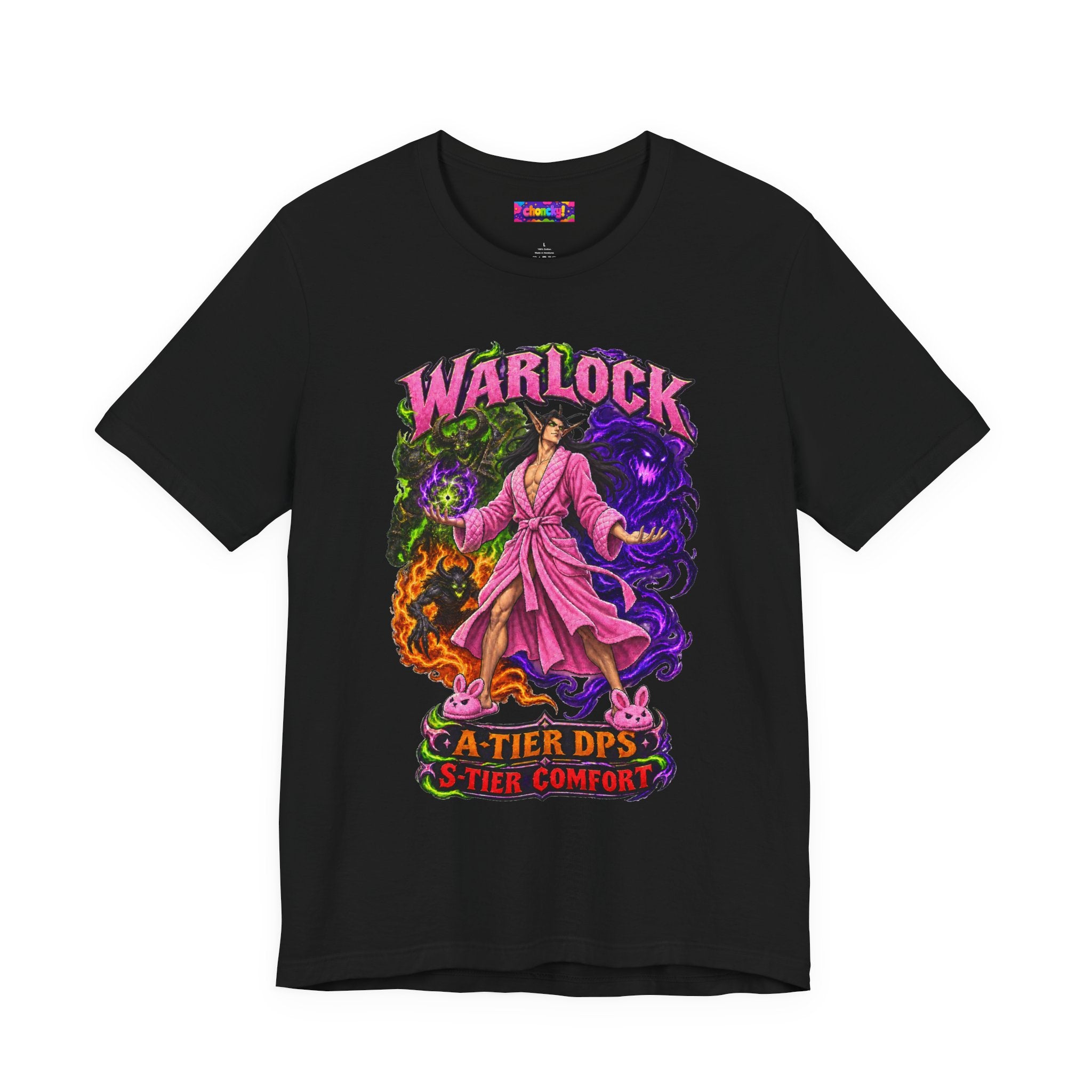 Warlock A-Tier DPS, S-Tier Comfort fantasy gamer T-shirt, black shirt front view.