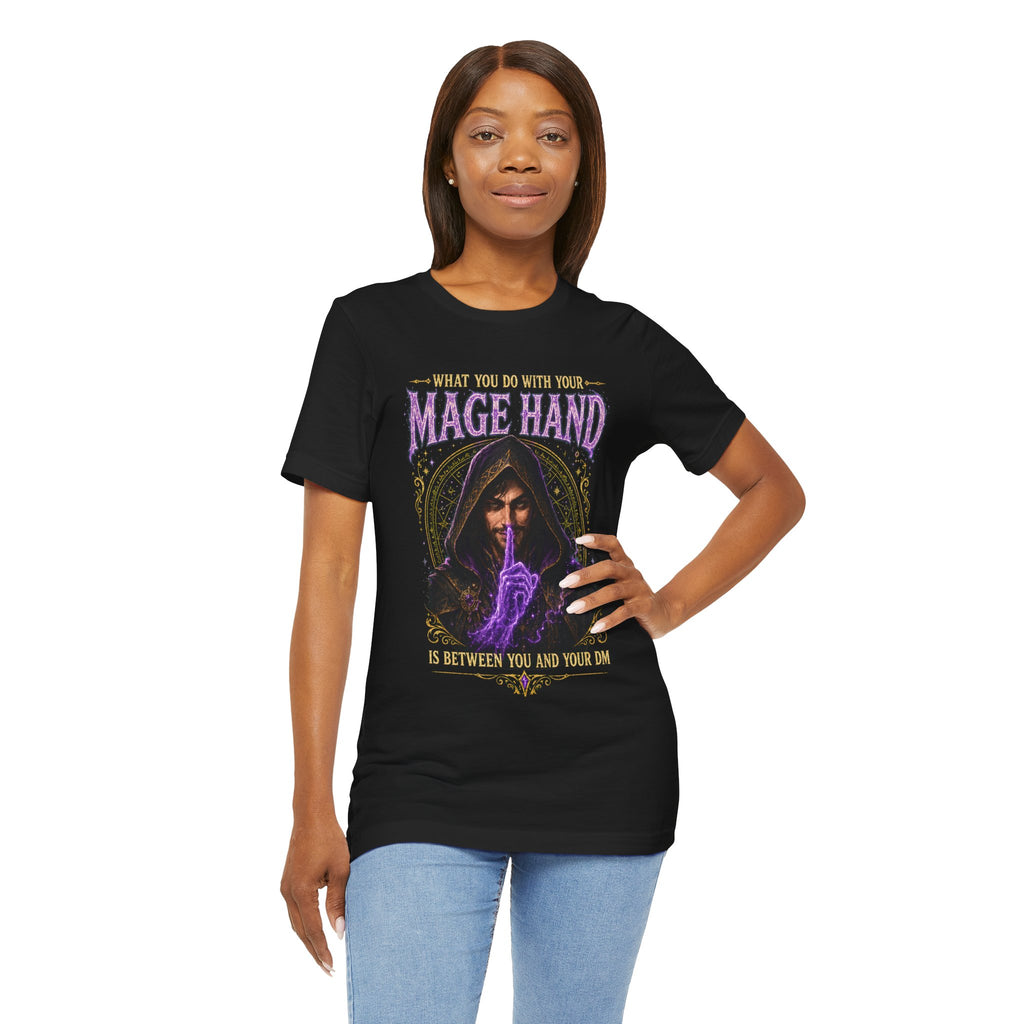 Mage Hand tabletop RPG graphic T-shirt, black shirt front view modeled with the shirt tucked into jeans.