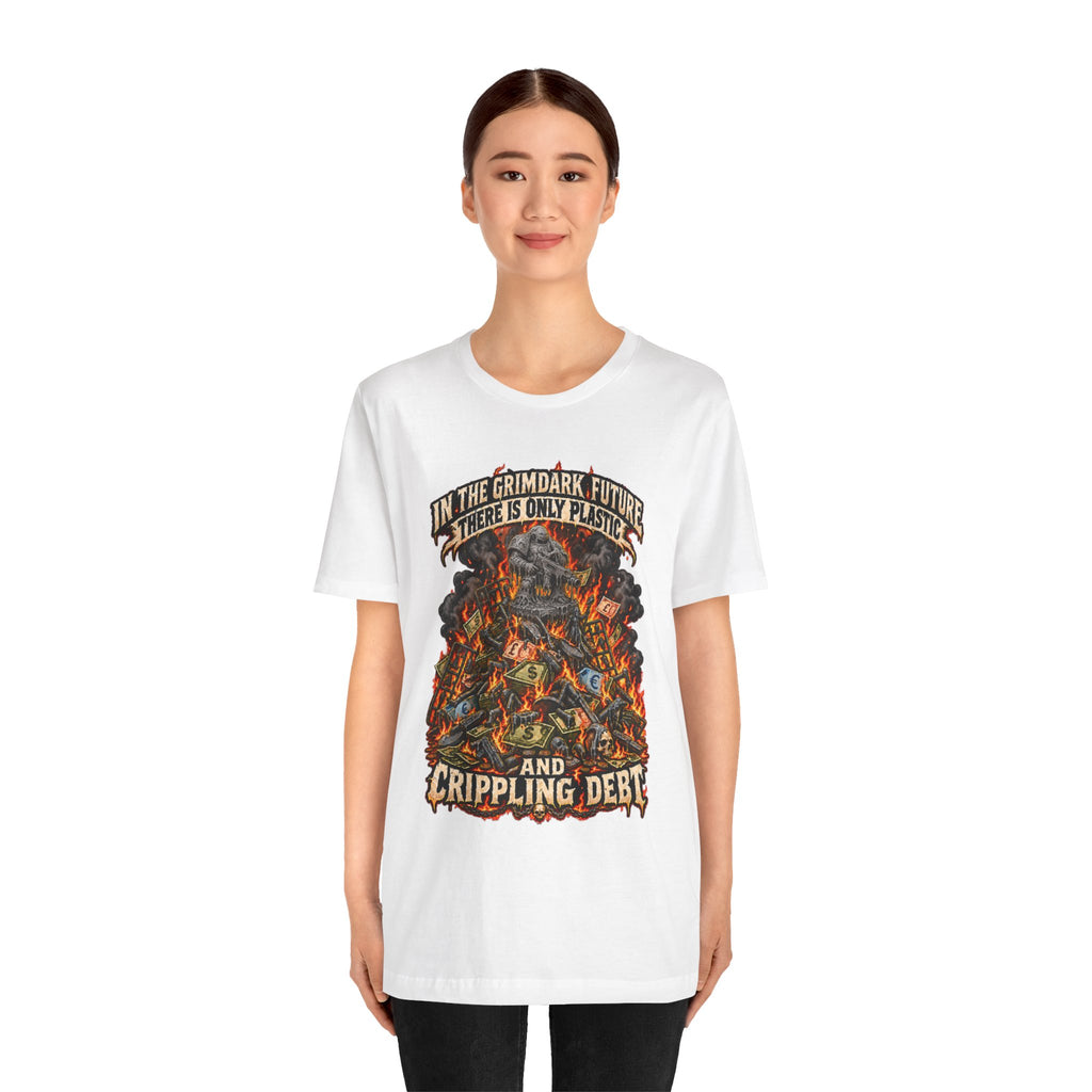 Only Plastic & Crippling Debt graphic T-shirt product mockup
