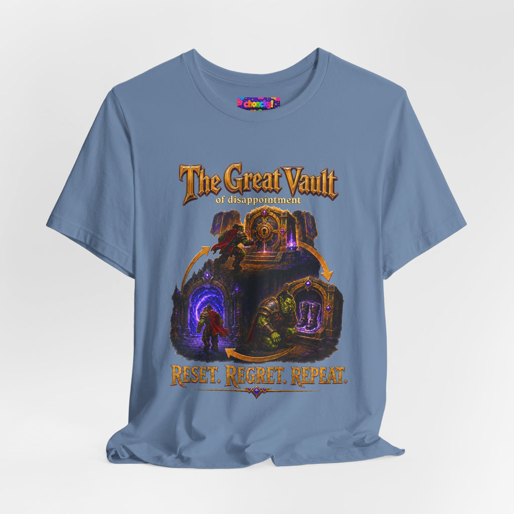 Great Vault Reset Regret Repeat fantasy MMO graphic T-shirt, blue shirt draped on a light background.