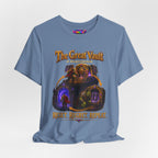Great Vault Reset Regret Repeat fantasy MMO graphic T-shirt, blue shirt draped on a light background.