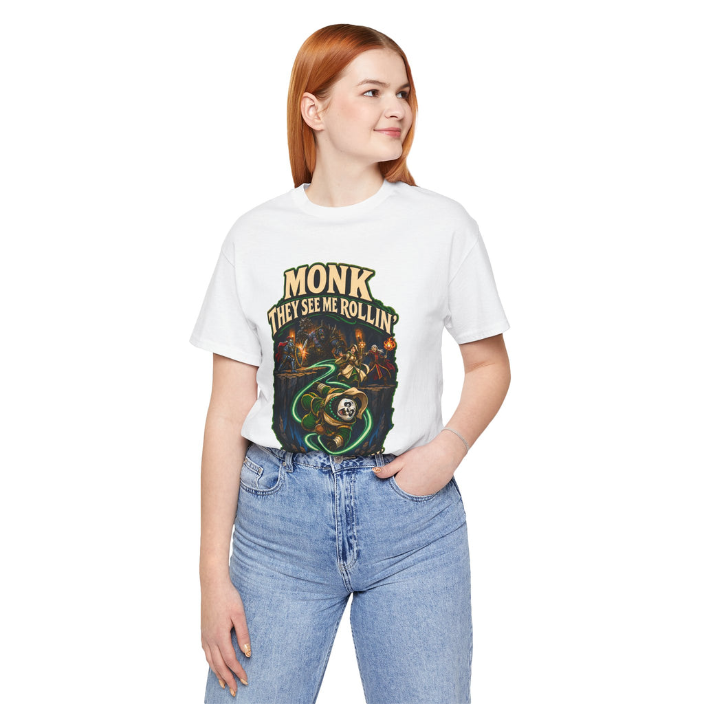 They See Me Rollin’ Monk graphic T-shirt product mockup