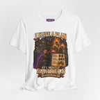 I Have a Plan Barrelmancer fantasy RPG graphic T-shirt, white shirt draped on a light background.