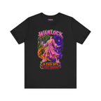 Warlock A-Tier DPS, S-Tier Comfort fantasy gamer T-shirt, black shirt laid flat, front view.