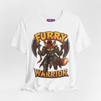 Furry Warrior vulpera fantasy MMO graphic T-shirt, white shirt draped on a light background.