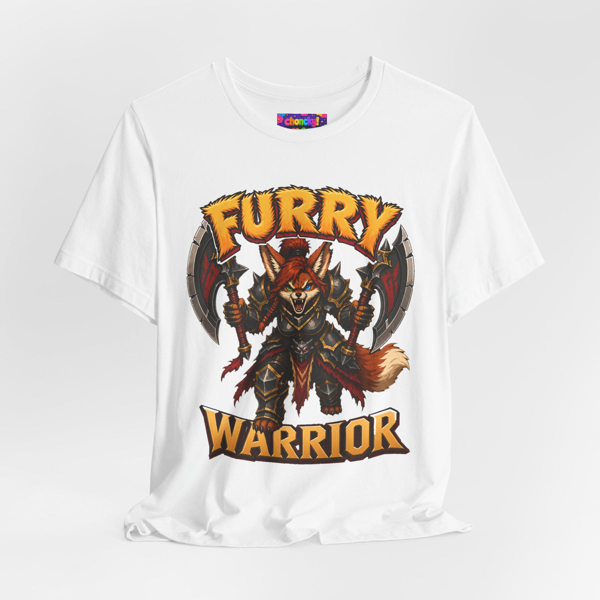 Furry Warrior vulpera fantasy MMO graphic T-shirt, white shirt draped on a light background.