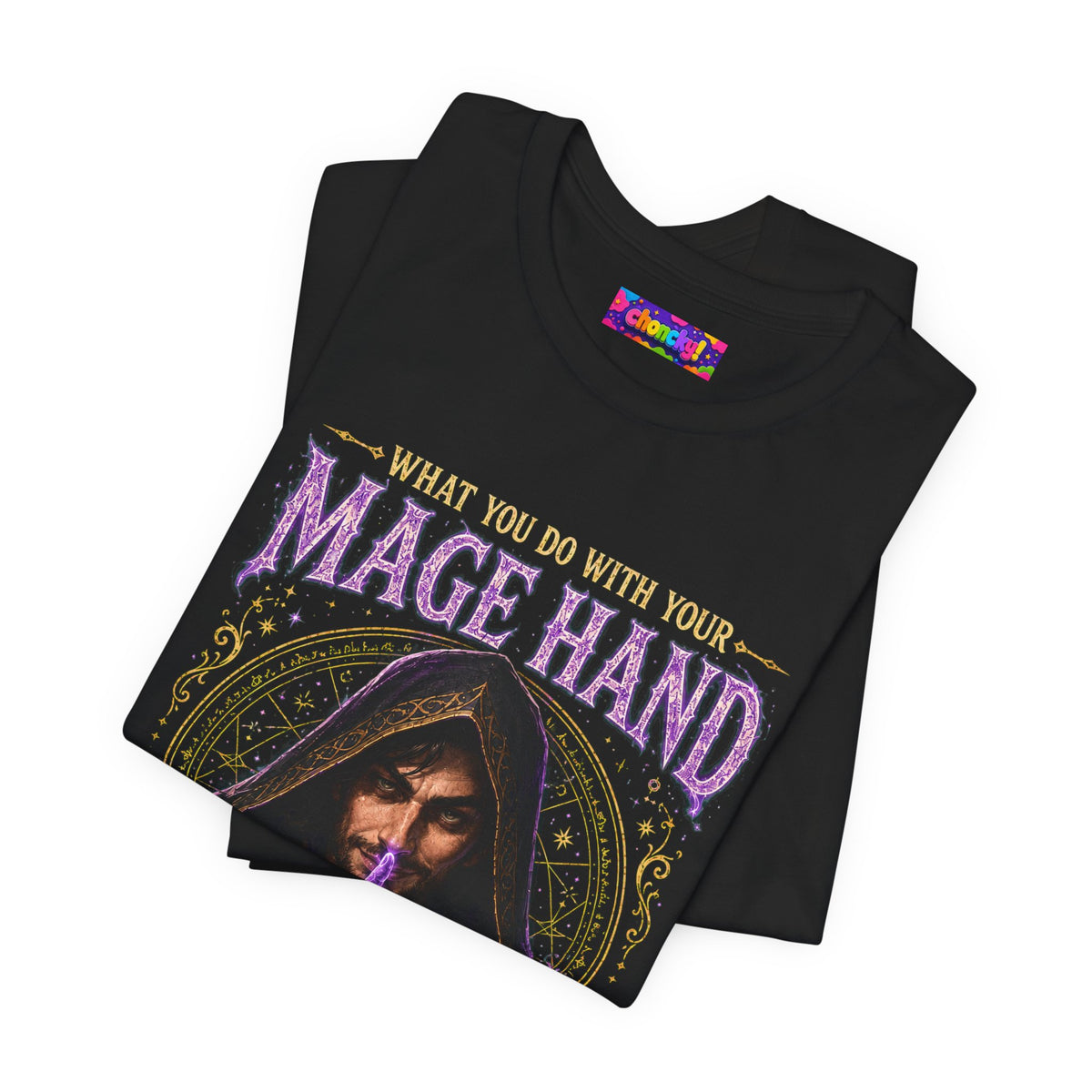 Mage Hand tabletop RPG graphic T-shirt, black shirt folded to show the print.