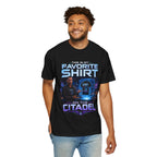 Commander's Favorite Shirt on the Citadel sci-fi graphic T-shirt, black shirt front view modeled in a casual stance.