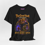 Great Vault Reset Regret Repeat fantasy MMO graphic T-shirt, black shirt draped on a light background.