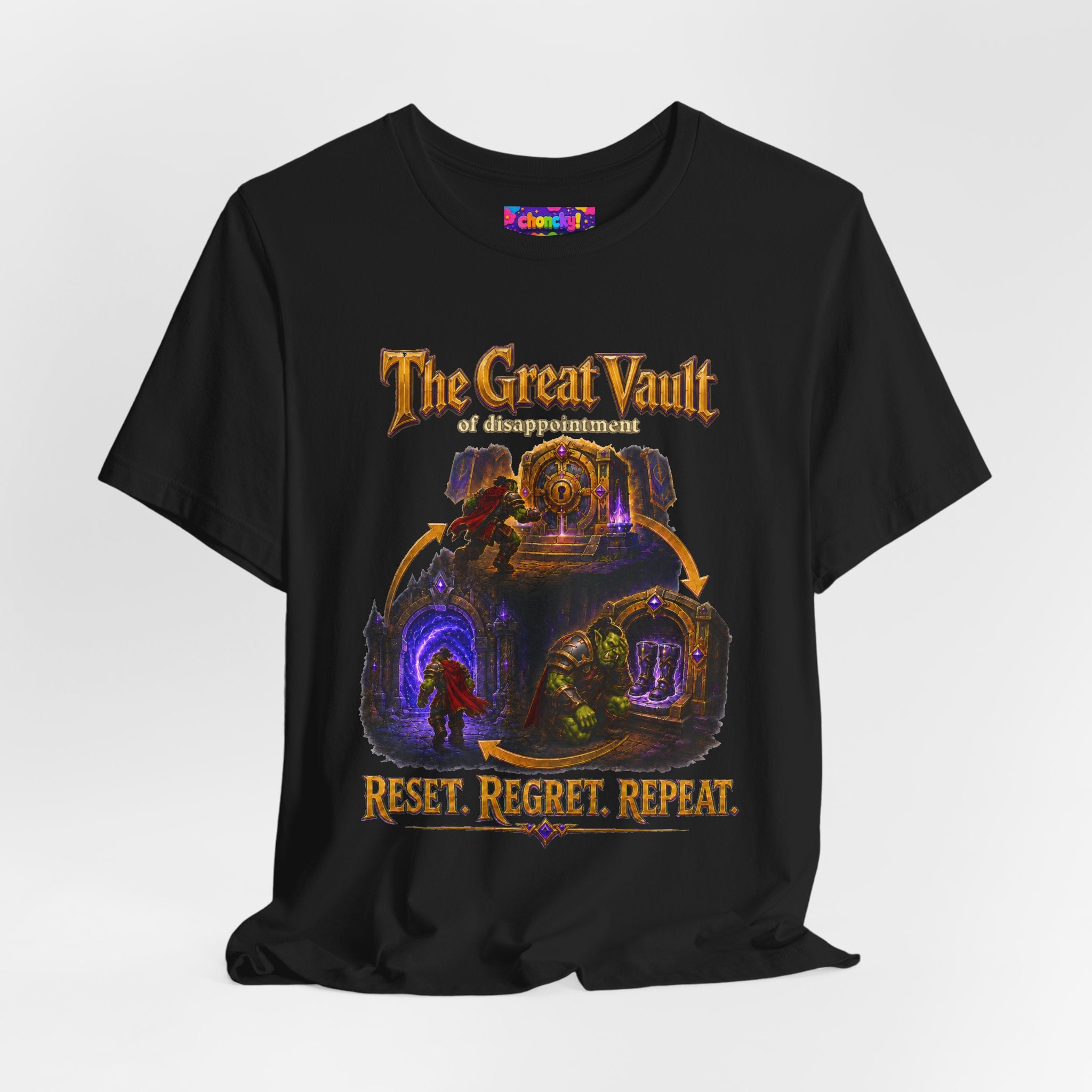 Great Vault Reset Regret Repeat fantasy MMO graphic T-shirt, black shirt draped on a light background.