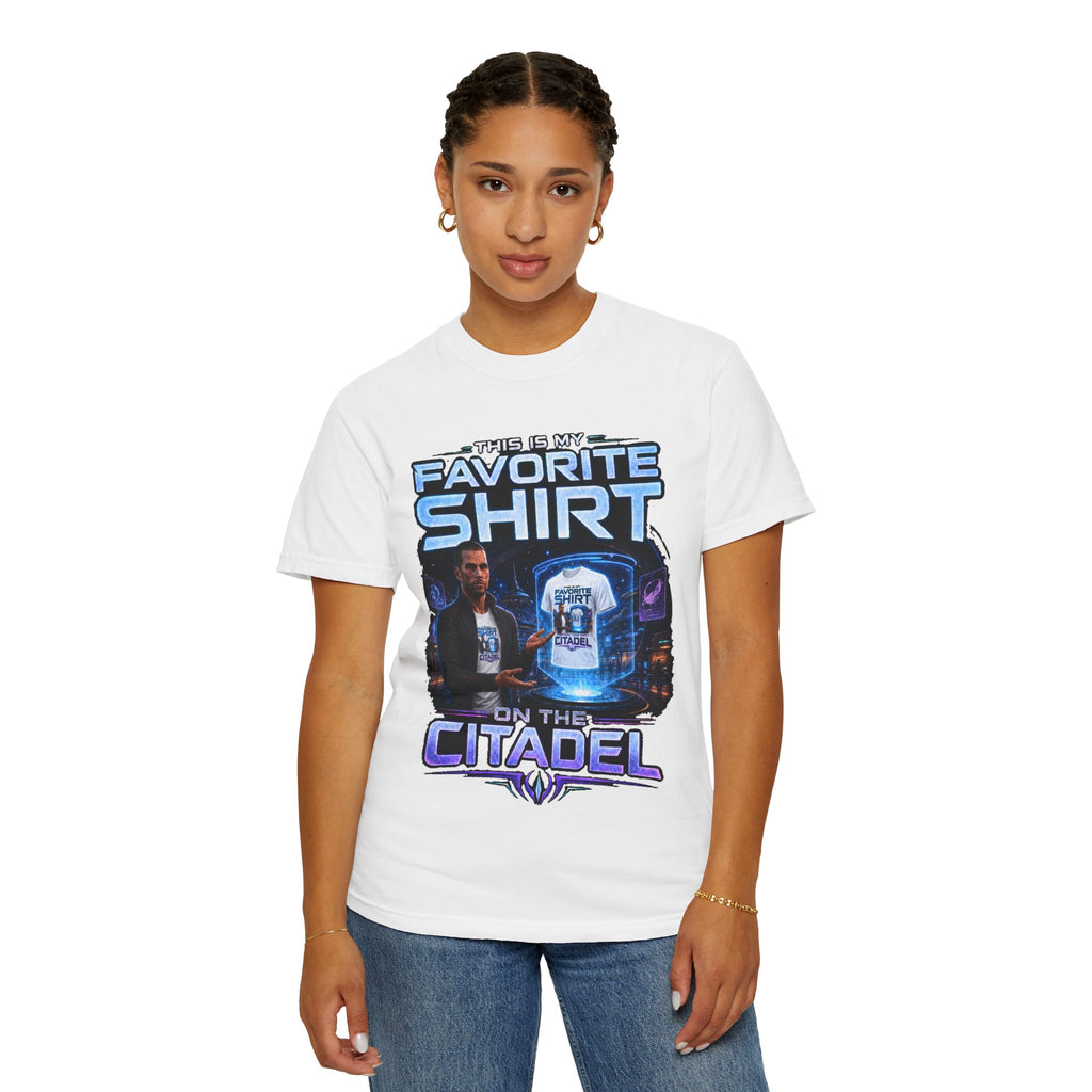 Commander's Favorite Shirt on the Citadel sci-fi graphic T-shirt, white shirt front view modeled with one hand in a pocket.