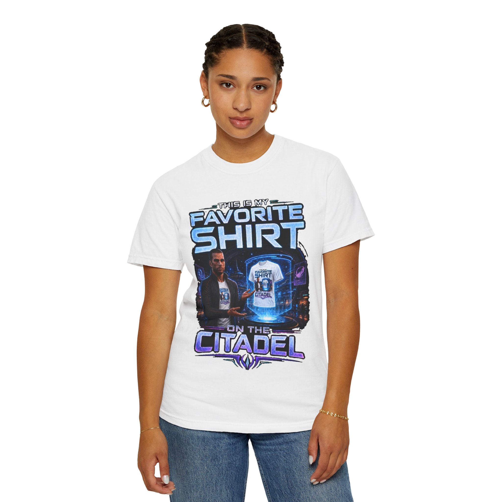 Commander's Favorite Shirt on the Citadel sci-fi graphic T-shirt, white shirt front view modeled with one hand in a pocket.