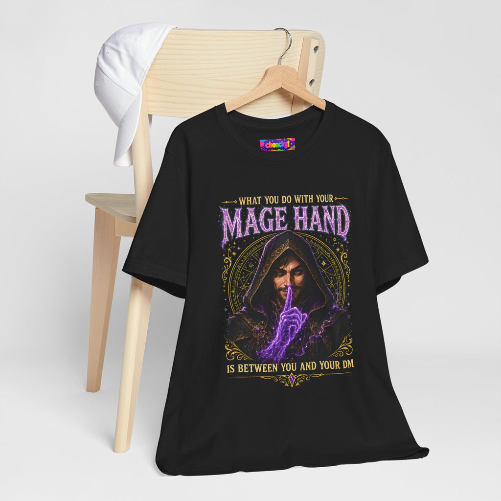 Mage Hand tabletop RPG graphic T-shirt, black shirt hanging beside a chair.