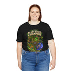 Plant-Based Champion fantasy druid graphic T-shirt, black shirt front view modeled with hands at the sides.