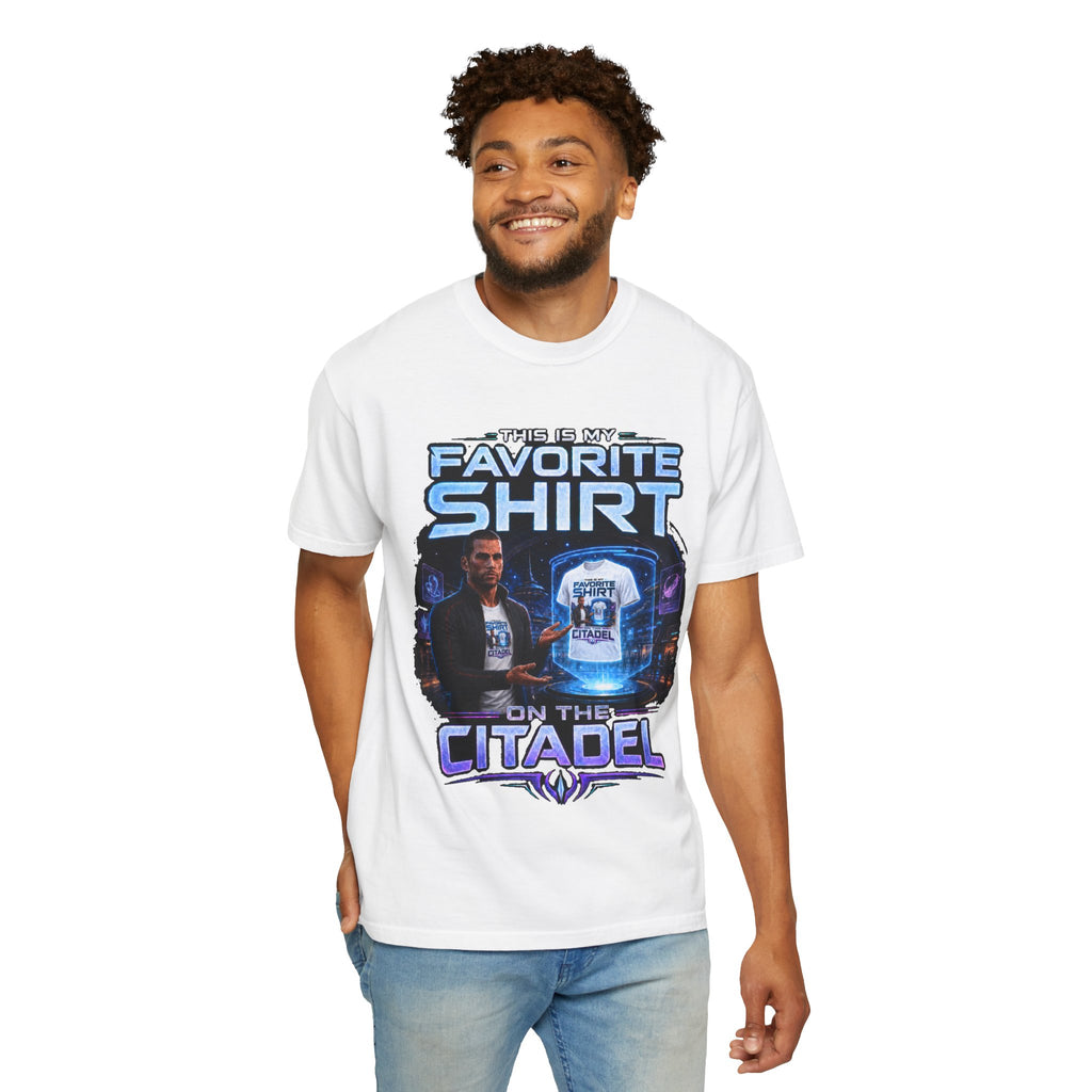 Commander's Favorite Shirt on the Citadel sci-fi graphic T-shirt, white shirt front view modeled in a casual stance.