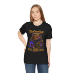 Great Vault Reset Regret Repeat fantasy MMO graphic T-shirt, black shirt front view modeled with one hand on the hip.