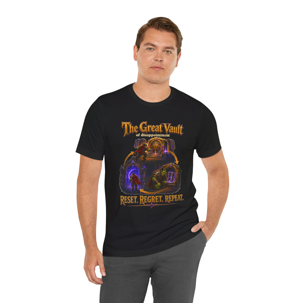 Great Vault Reset Regret Repeat fantasy MMO graphic T-shirt, black shirt front view modeled with one hand in a pocket.