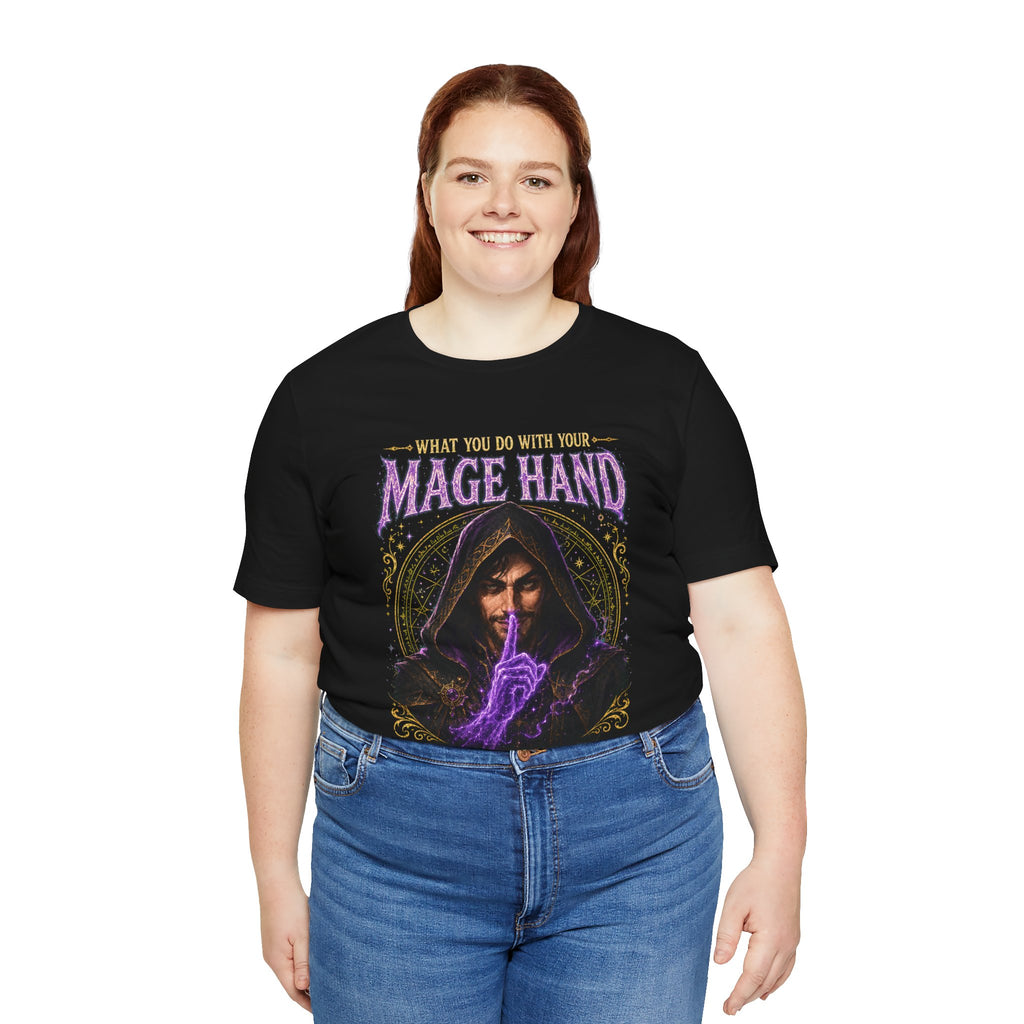 Mage Hand tabletop RPG graphic T-shirt, black shirt front view modeled with hands at the sides.