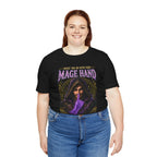 Mage Hand tabletop RPG graphic T-shirt, black shirt front view modeled with hands at the sides.
