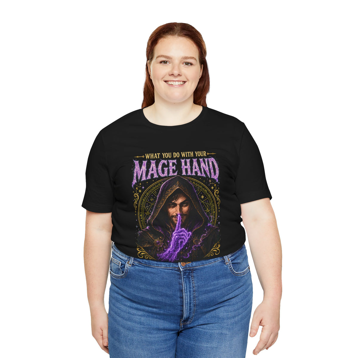 Mage Hand tabletop RPG graphic T-shirt, black shirt front view modeled with hands at the sides.