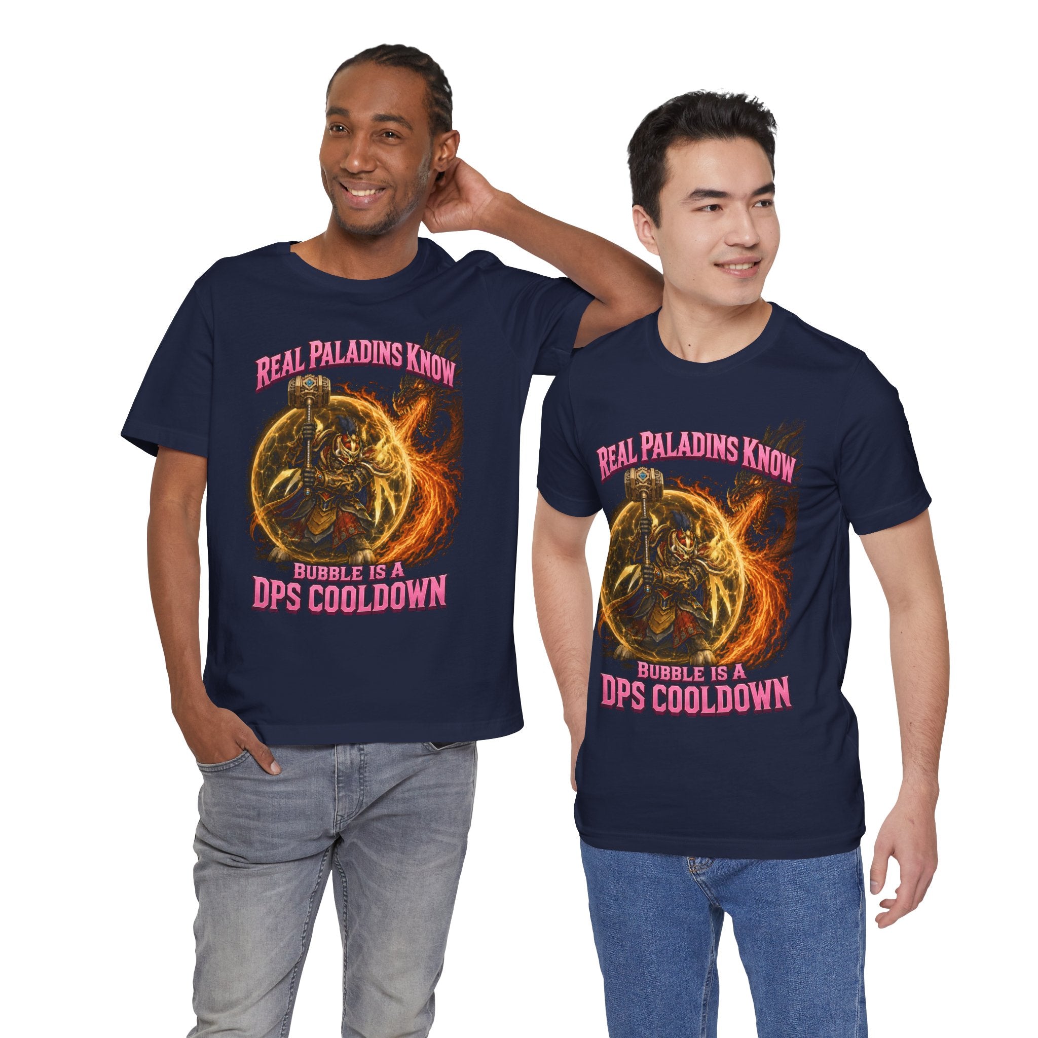Real Paladins Know Bubble Is a DPS Cooldown gaming T-shirt, navy shirts modeled by two men.