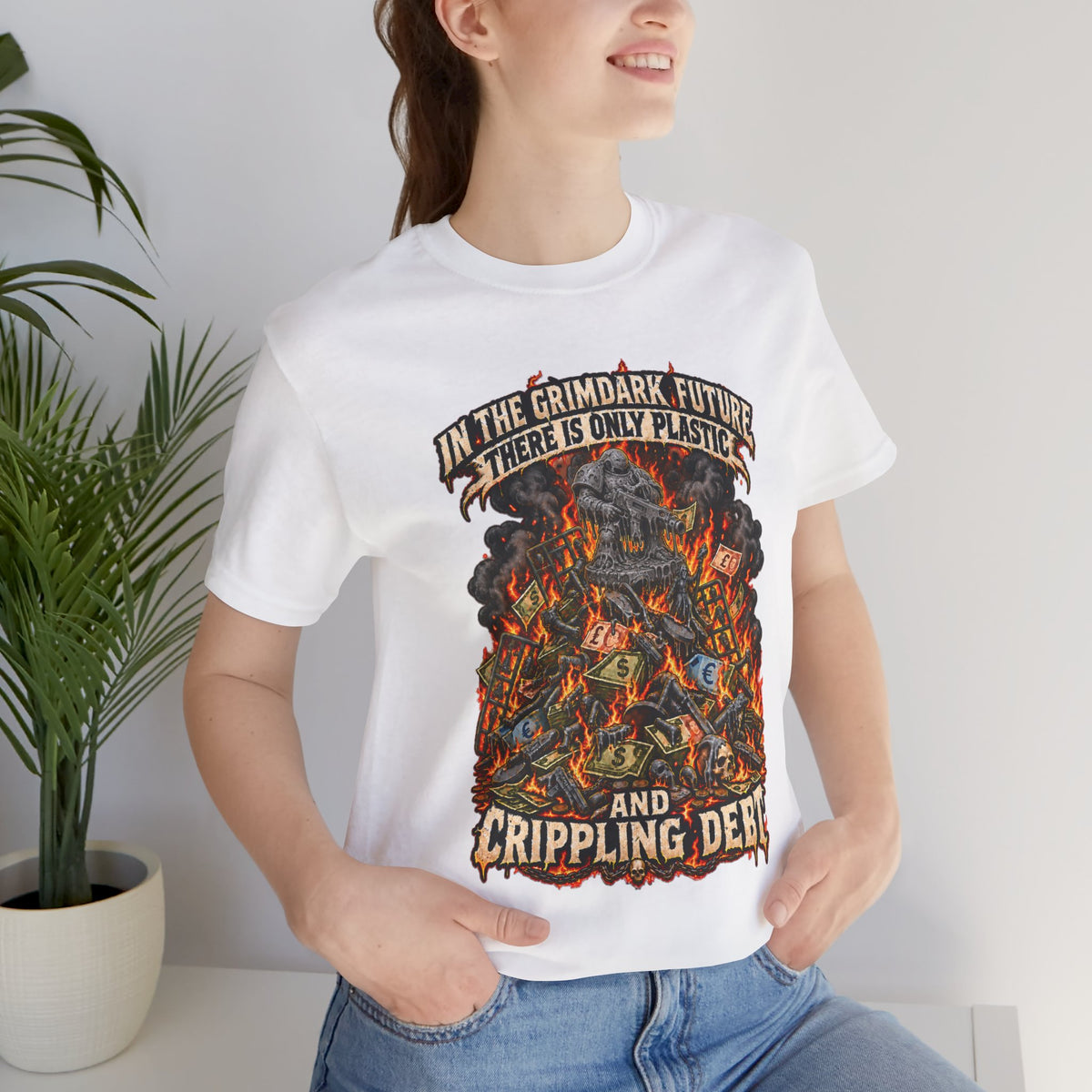 Only Plastic & Crippling Debt graphic T-shirt product mockup