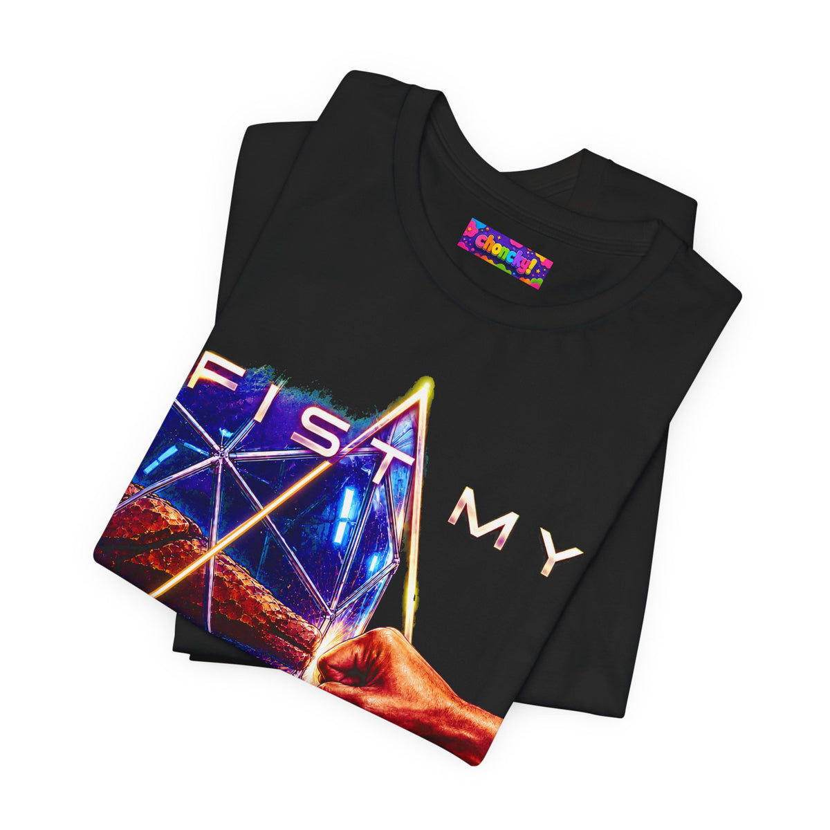Fist My Bump Rocky and Grace sci-fi graphic T-shirt, black shirt folded to show the print.
