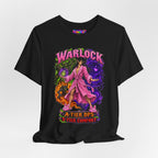 Warlock A-Tier DPS, S-Tier Comfort fantasy gamer T-shirt, black shirt draped on a light background.