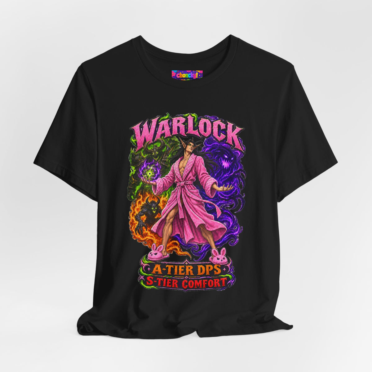 Warlock A-Tier DPS, S-Tier Comfort fantasy gamer T-shirt, black shirt draped on a light background.