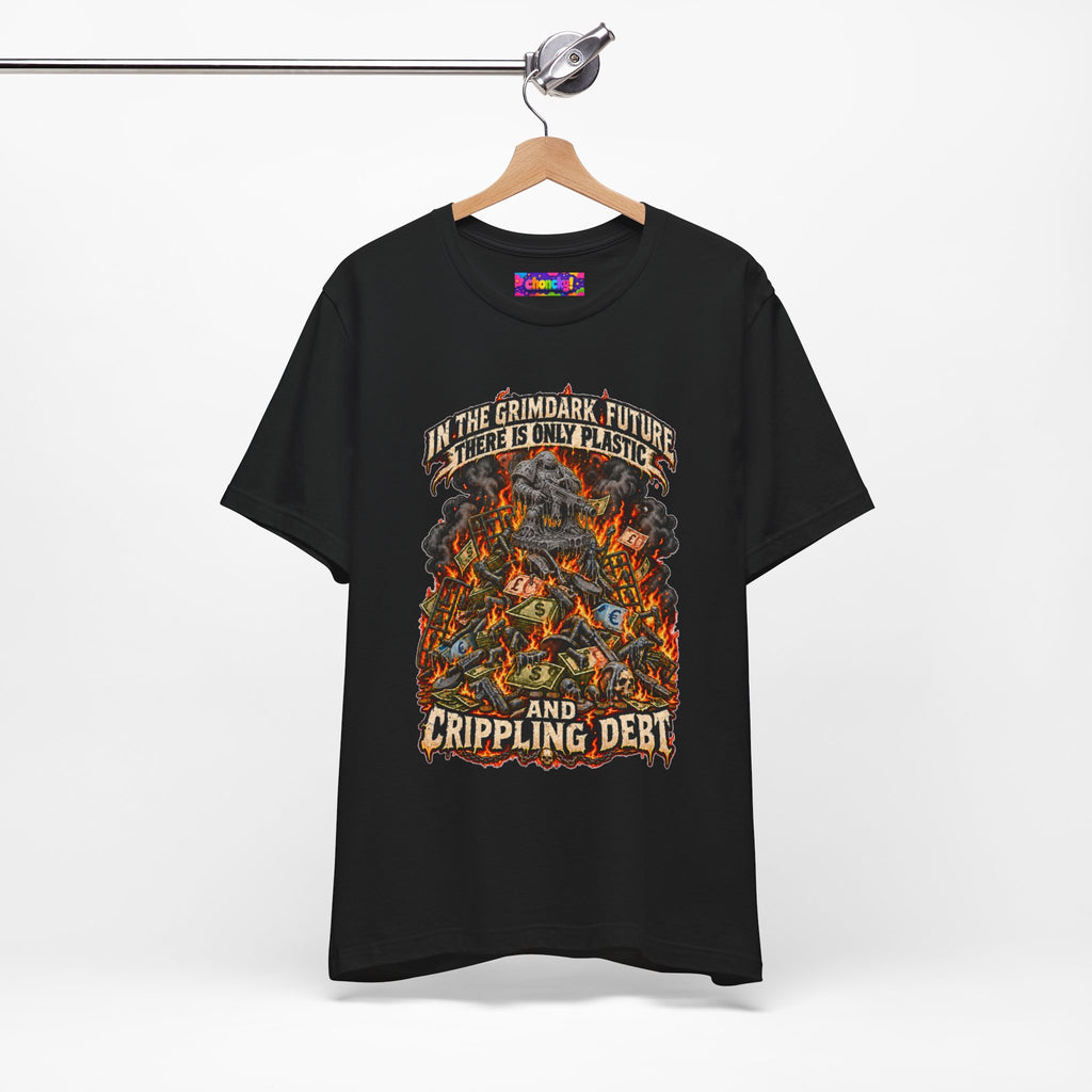 Only Plastic & Crippling Debt graphic T-shirt product mockup