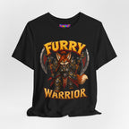 Furry Warrior vulpera fantasy MMO graphic T-shirt, black shirt draped on a light background.