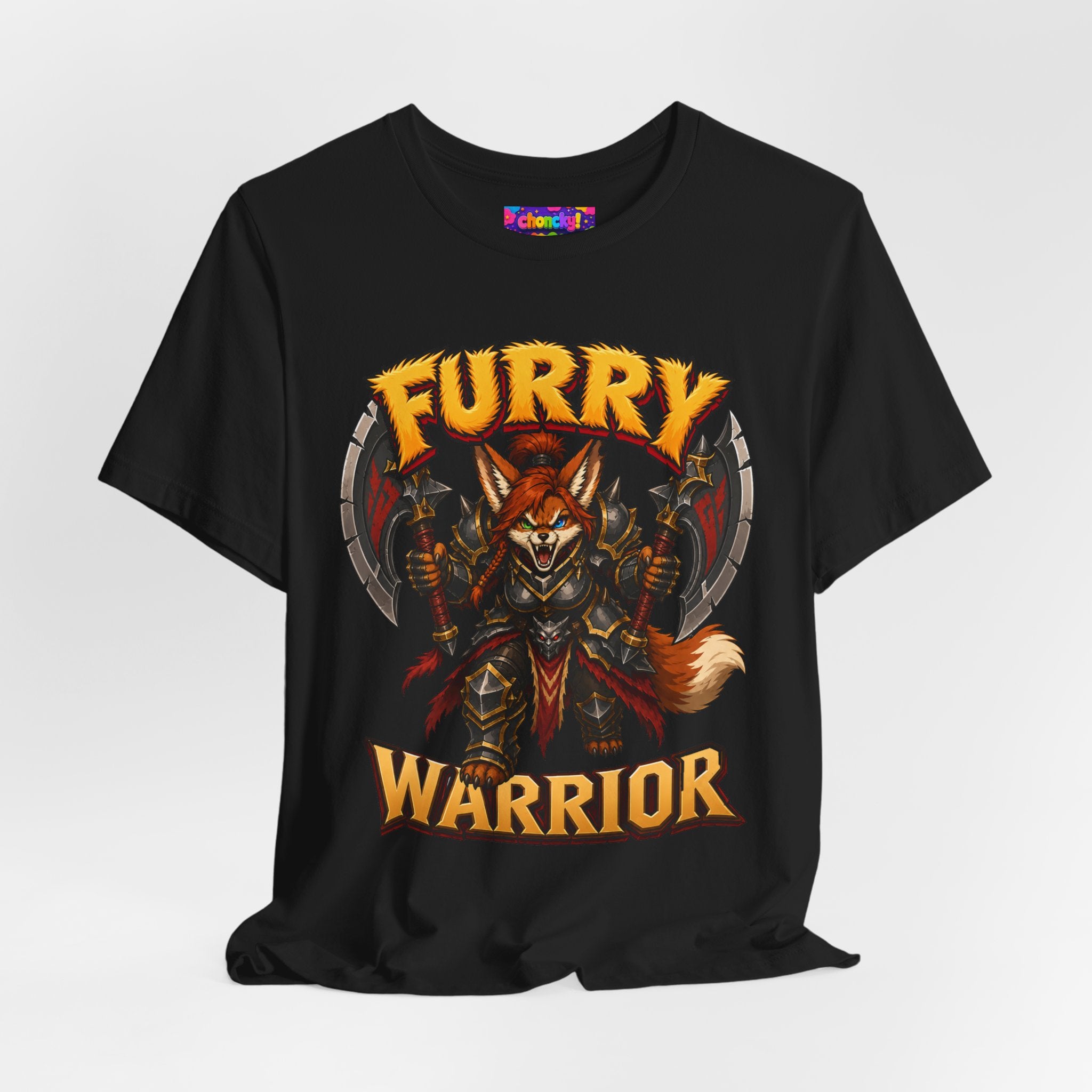 Furry Warrior vulpera fantasy MMO graphic T-shirt, black shirt draped on a light background.