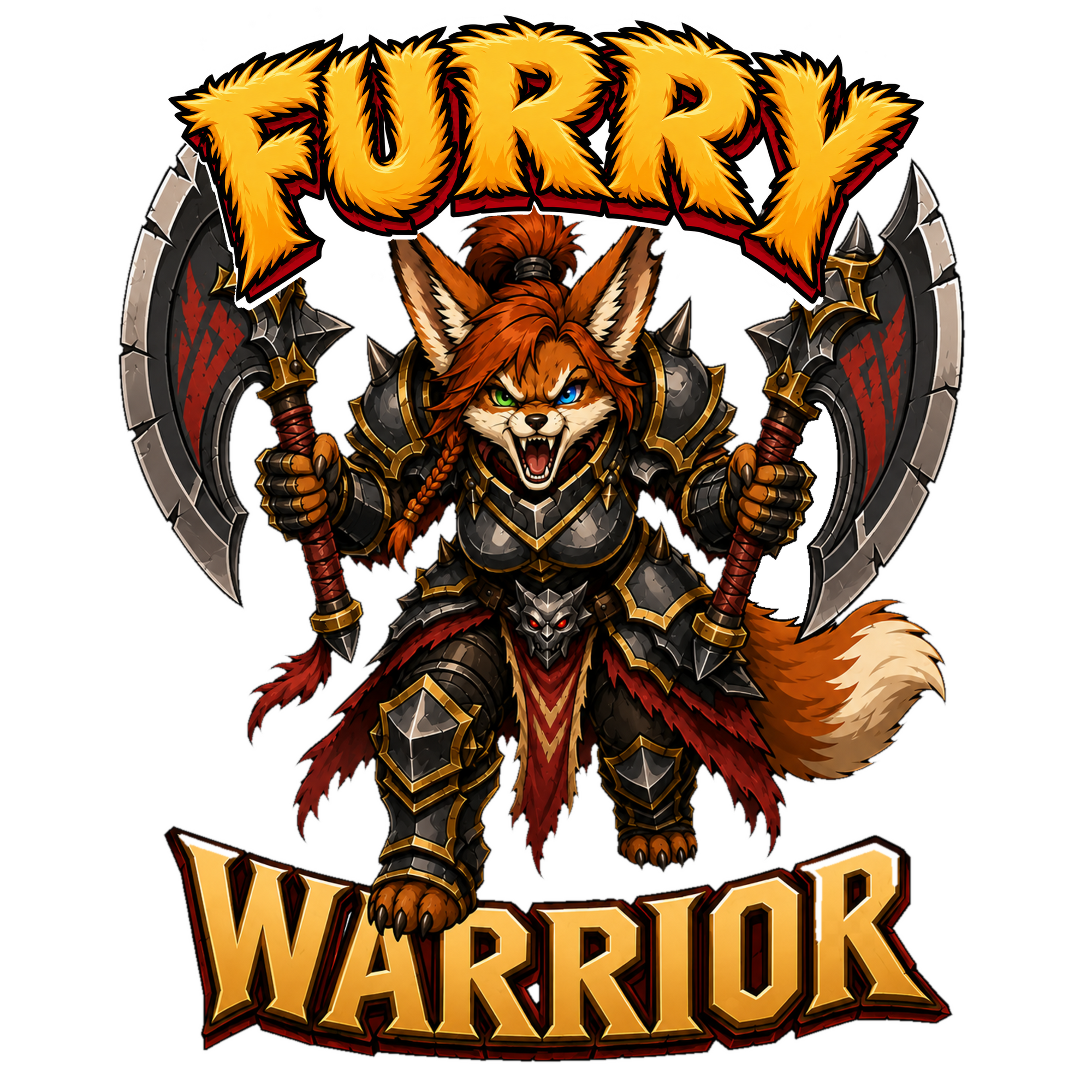Furry Warrior artwork of an armored fox warrior wielding two axes.