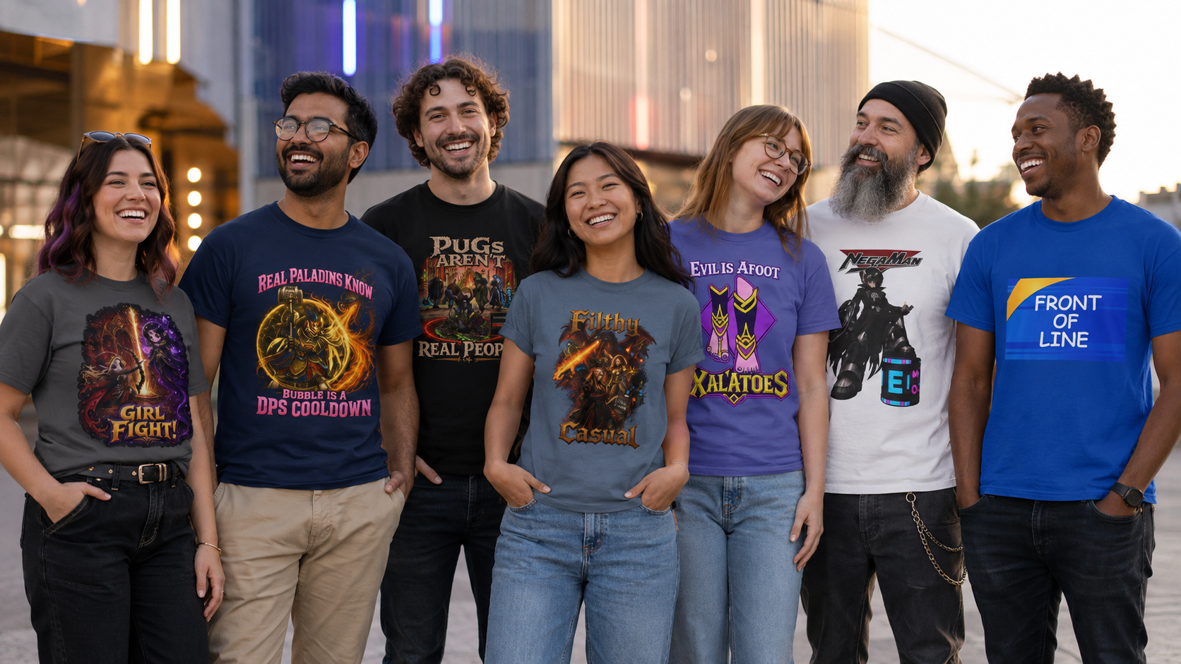Group of people modeling assorted Choncky fantasy and gaming graphic T-shirts.