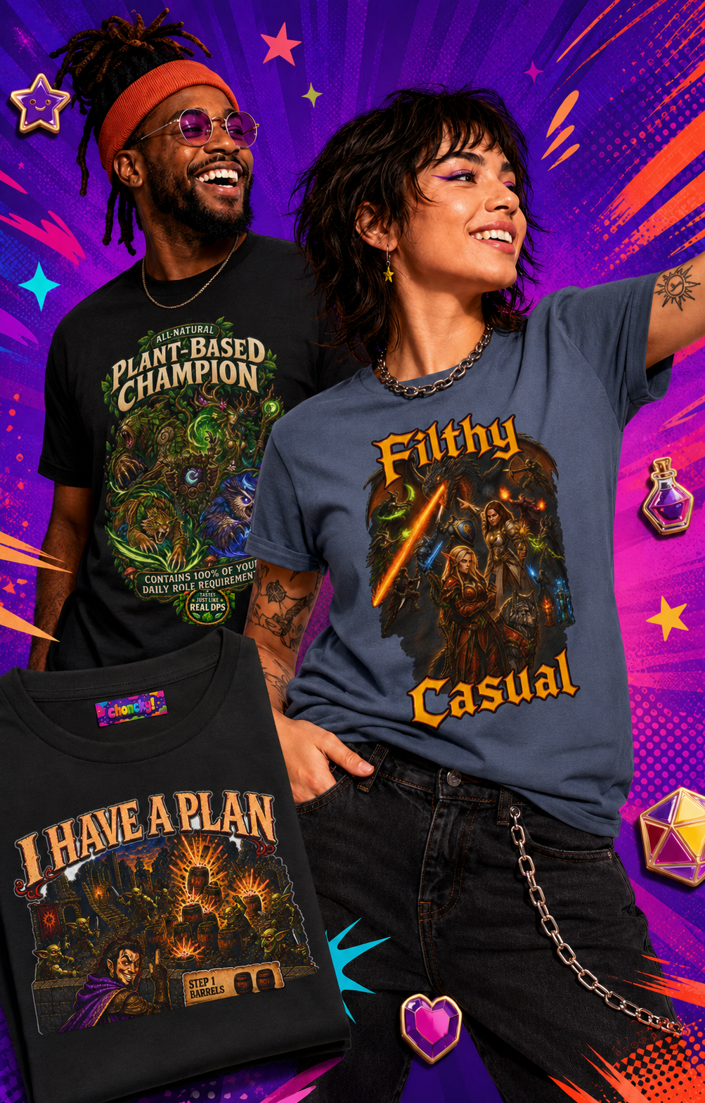 Two fans wearing Plant-Based Champion and Filthy Casual Choncky graphic T-shirts beside a folded Barrelmancer shirt.