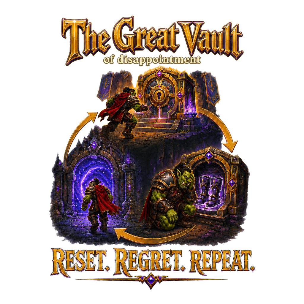 Great Vault of Disappointment fantasy artwork with Reset, Regret, Repeat text.