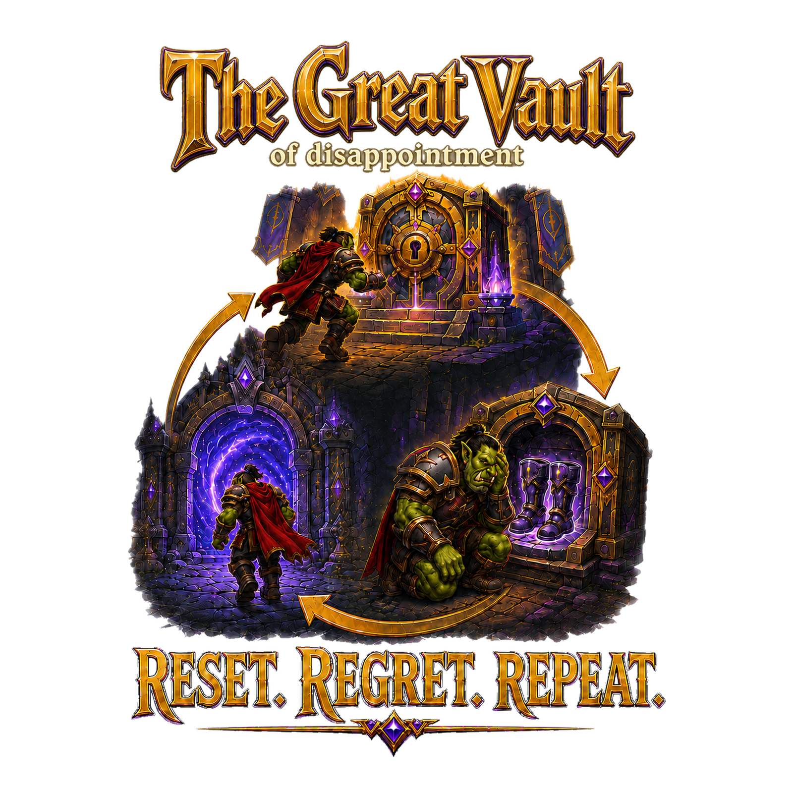 Great Vault of Disappointment fantasy artwork with Reset, Regret, Repeat text.